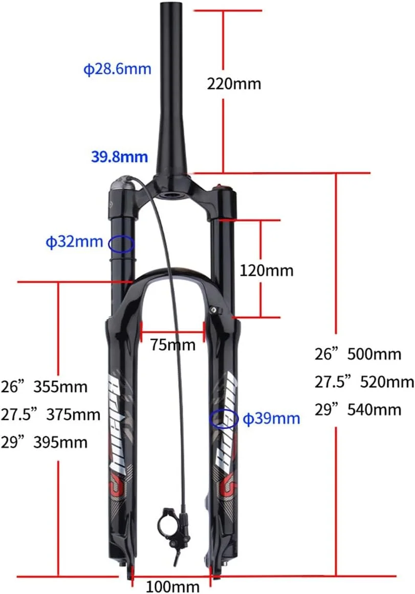 دوشاخ بادی دوچرخه کوهستان با لوله مخروطی 1 1/8 اینچ، دوشاخ تعلیق دوچرخه کوهستان 26 27.5 29 اینچ، حرکت 120 میلی متر، محور QR 9 میلی متر 100 میلی متر، قفل دستی/کنترلی XC