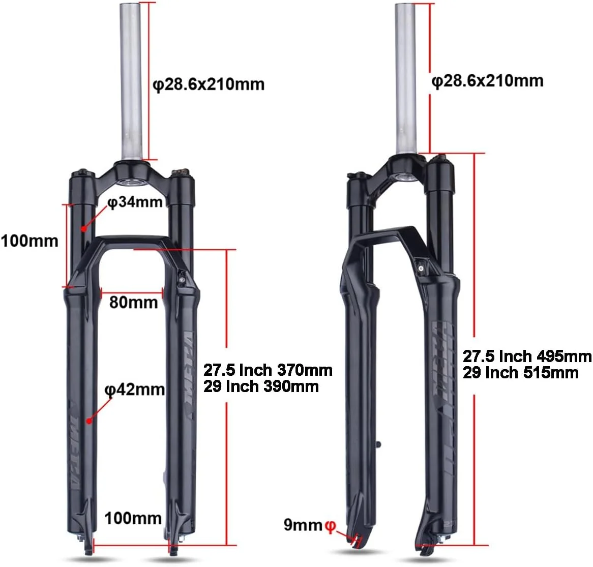 دوشاخ کمک فنر دوچرخه کوهستان 27.5/29 اینچ، قفل دستی، فنر روغنی، دوشاخ جلو مکانیکی، لوله فرمان مستقیم 1-1/8 اینچ، 100 میلی متر حرکت، QR 100 * 9 میلی متر