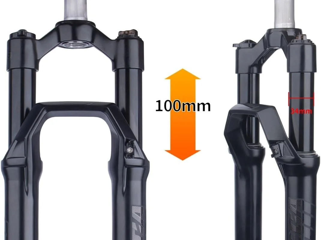 دوشاخ کمک فنر دوچرخه کوهستان 27.5/29 اینچ، قفل دستی، فنر روغنی، دوشاخ جلو مکانیکی، لوله فرمان مستقیم 1-1/8 اینچ، 100 میلی متر حرکت، QR 100 * 9 میلی متر