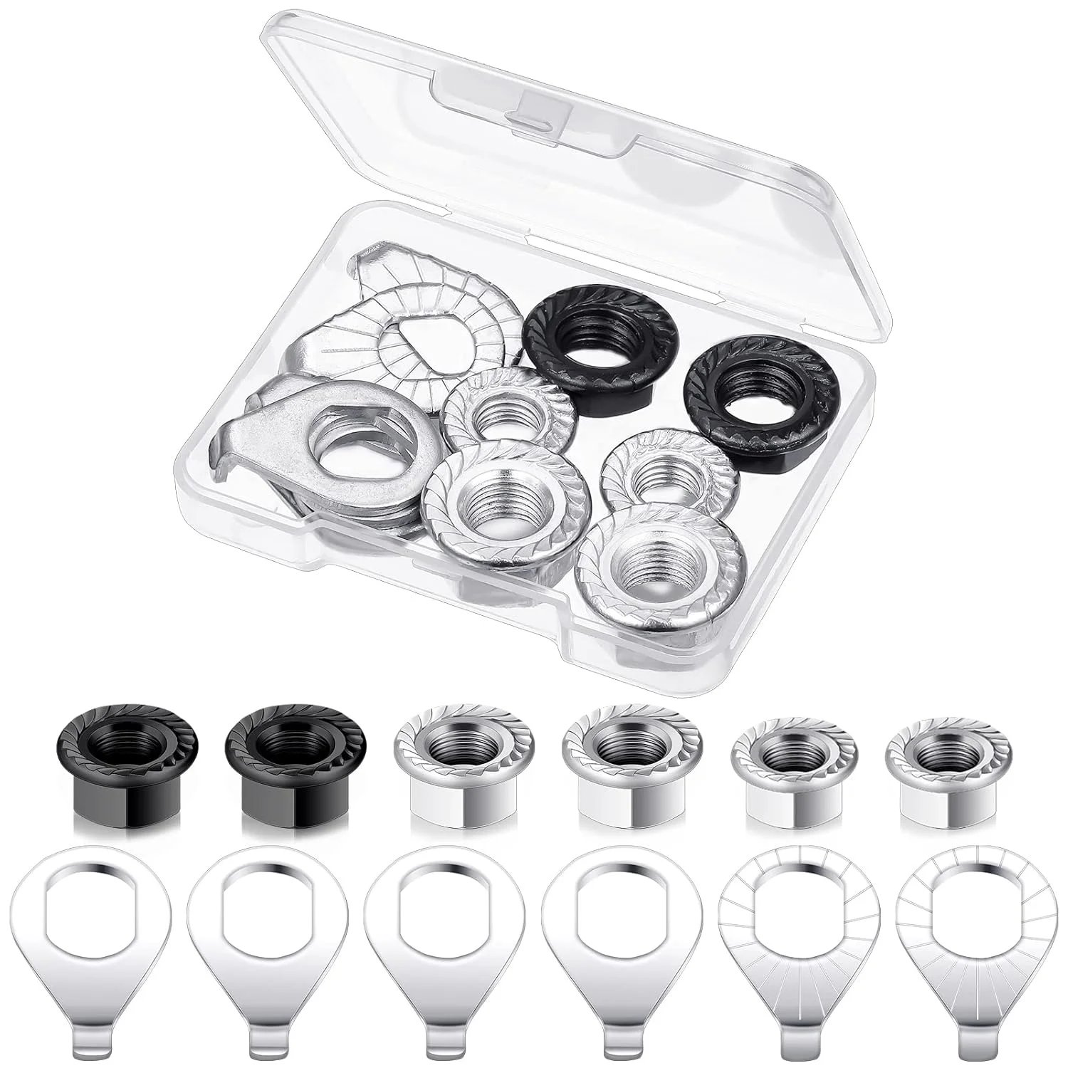 مجموعه 12 عددی مهره محور دوچرخه و واشر ایمنی - 3 سایز مهره های فلنجی توپی دوچرخه، قطعات نگهدارنده توپی دوچرخه برای چرخ های جلو و عقب