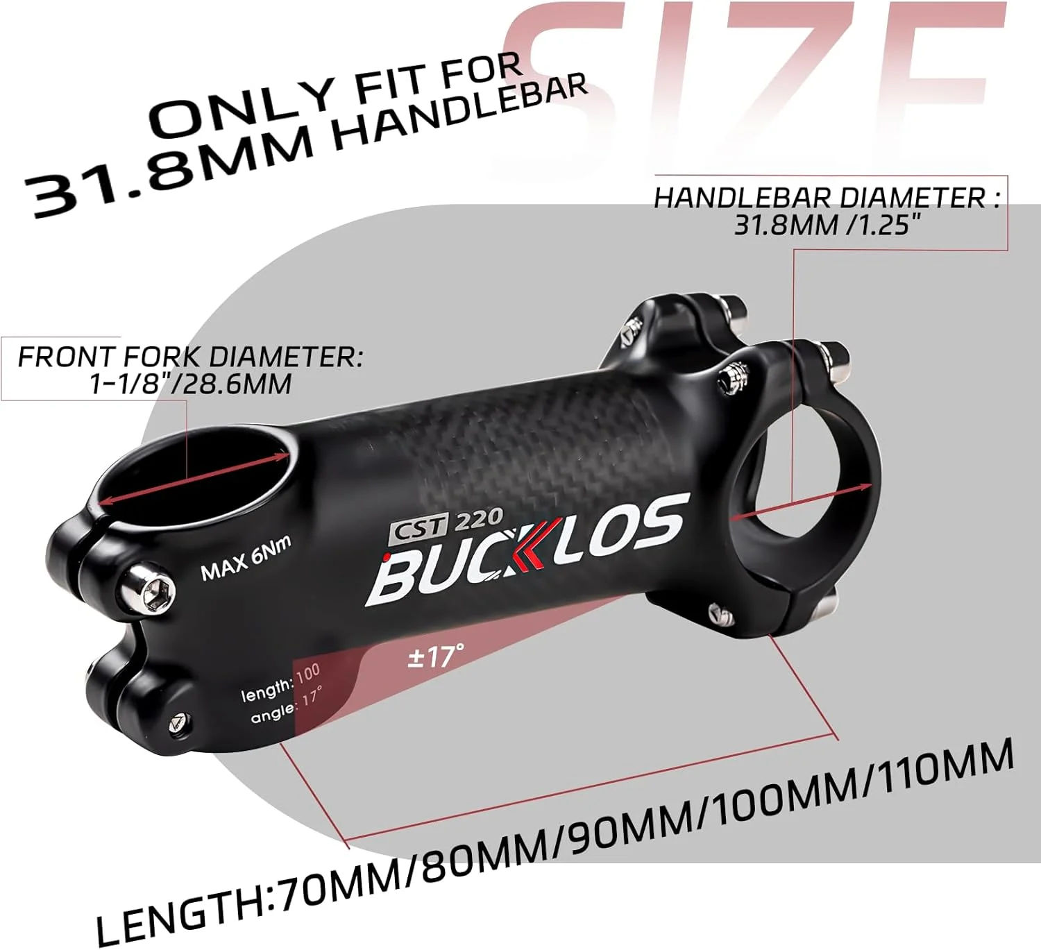 کرپی فرمان دوچرخه آلومینیومی-کربنی با قطر 31.8 میلی‌متر با زاویه 6/17 درجه و طول 60 تا 120 میلی‌متر، فوق سبک، مناسب برای مسابقات دوچرخه‌سواری، دوچرخه کورسی و دوچرخه