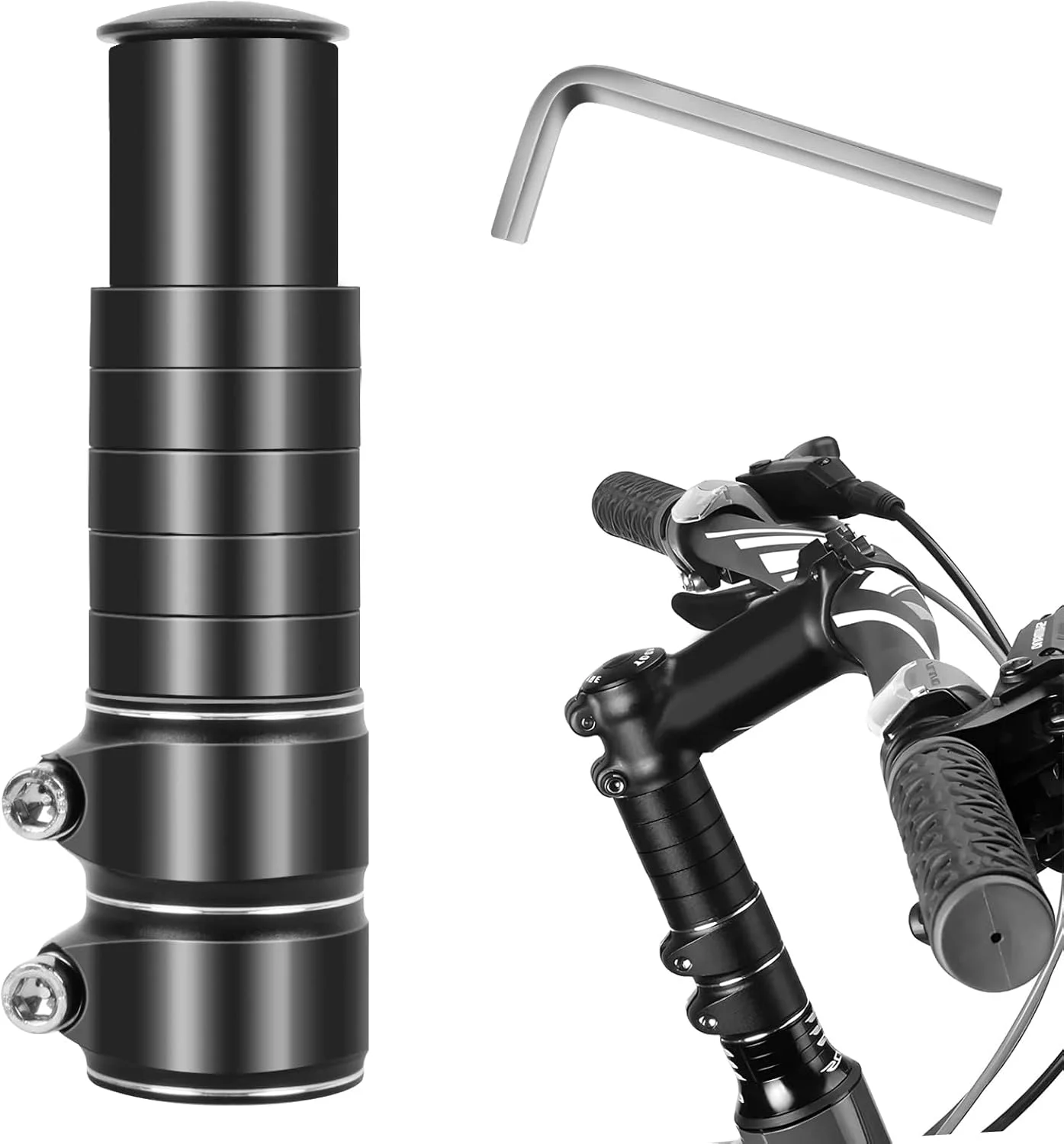 افزایش دهنده ارتفاع فرمان دوچرخه - سایز 1-1/8 اینچ مناسب برای دوچرخه های کورسی، کوهستان و BMX | افزایش ارتفاع تا 13.5 سانتیمتر، لوازم جانبی دوچرخه سواری با اندازه جهانی (مشکی، آلومینیوم سنگین)