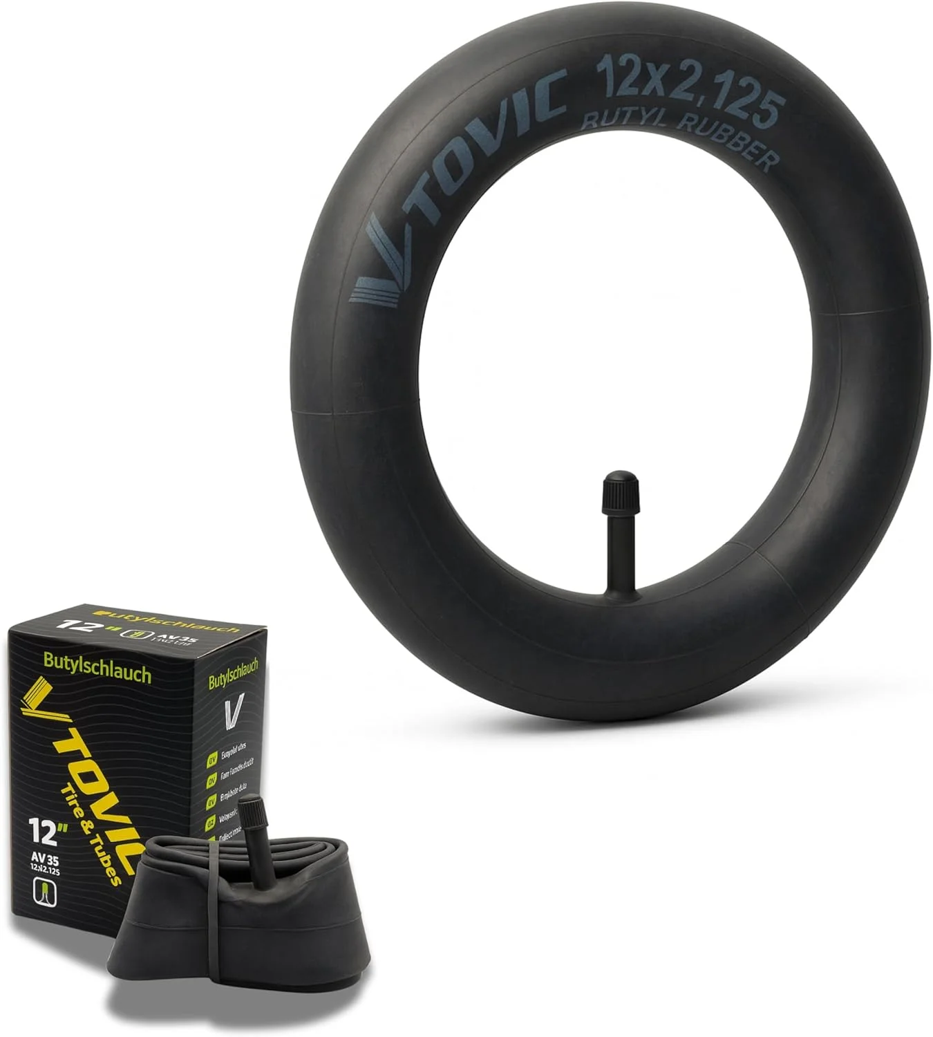 تیوب داخلی 12x2.125 AV35 - تیوب دوچرخه لاستیکی بوتیل برای دوچرخه های کودکان، اسکوترهای برقی، کالسکه ها، سه چرخه ها، ویلچرها - بادوام، مقاوم در برابر پنچری، نصب آسان
