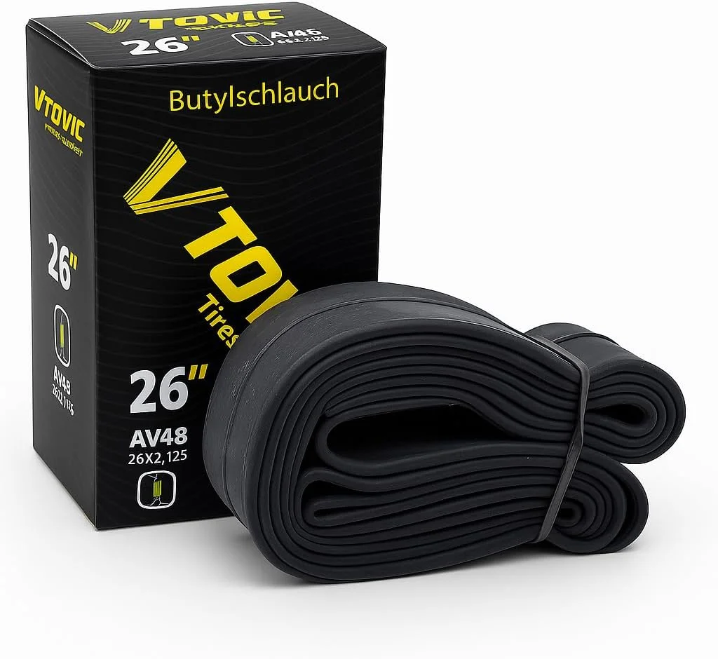 تیوب دوچرخه 26 اینچ با والف AV48، سایز 26x2.125 | تیوب لاستیکی بوتیل مقاوم مناسب برای دوچرخه‌های کوهستانی، جاده‌ای، شهری و ویلچر
