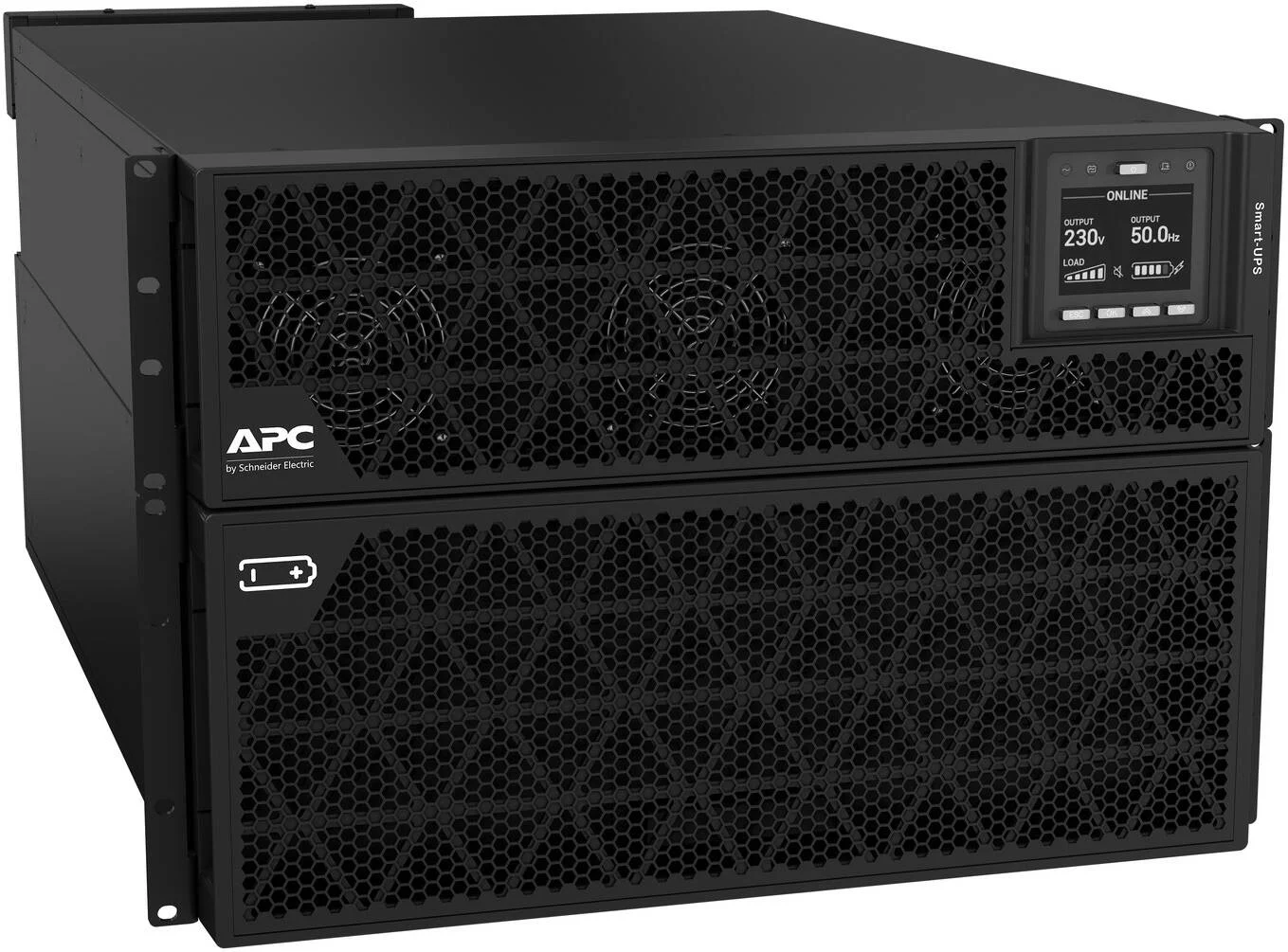 APC Smart-UPS RT On-Line رک/تاور 20kVA، توان 20kW، ولتاژ ورودی 230V/380V...415V، سیم سخت 5 (3P+N+E)+3 سیم (1P+N+E)، کارت شبکه، فرکانس 50/60Hz ± 4 Hz، RS232 / RJ45 & USB-B، مشکی | SRTG20KXLI