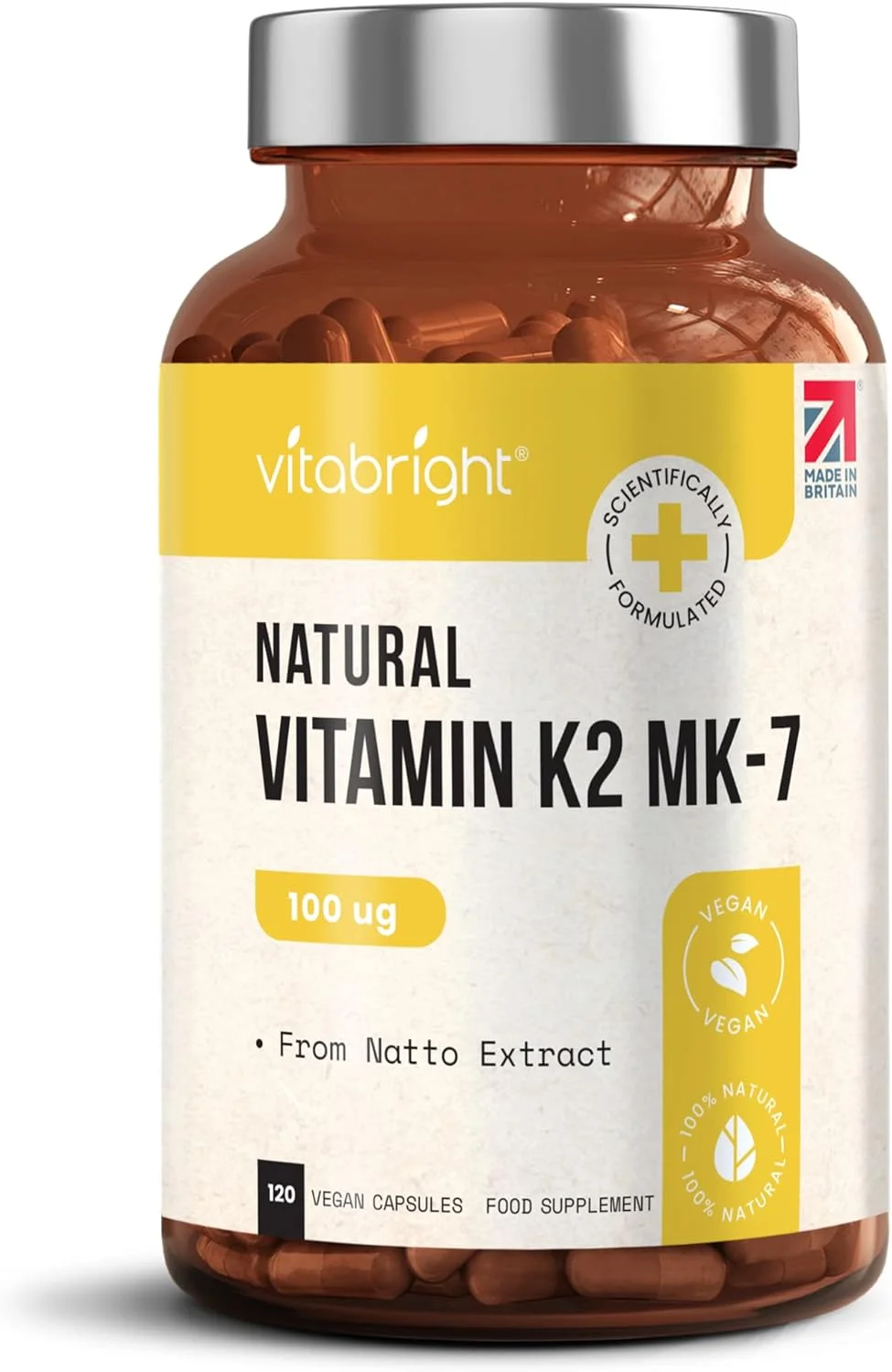 ویتامین K2 MK-7 طبیعی و پاک ویتا‌برایت - قدرت بهینه 100 میکروگرم - 120 کپسول گیاهی با بلع آسان (نه قرص) - مناکینون-7 - بدون مواد چسبنده یا پرکننده مصنوعی - از ناتو - ساخت انگلستان