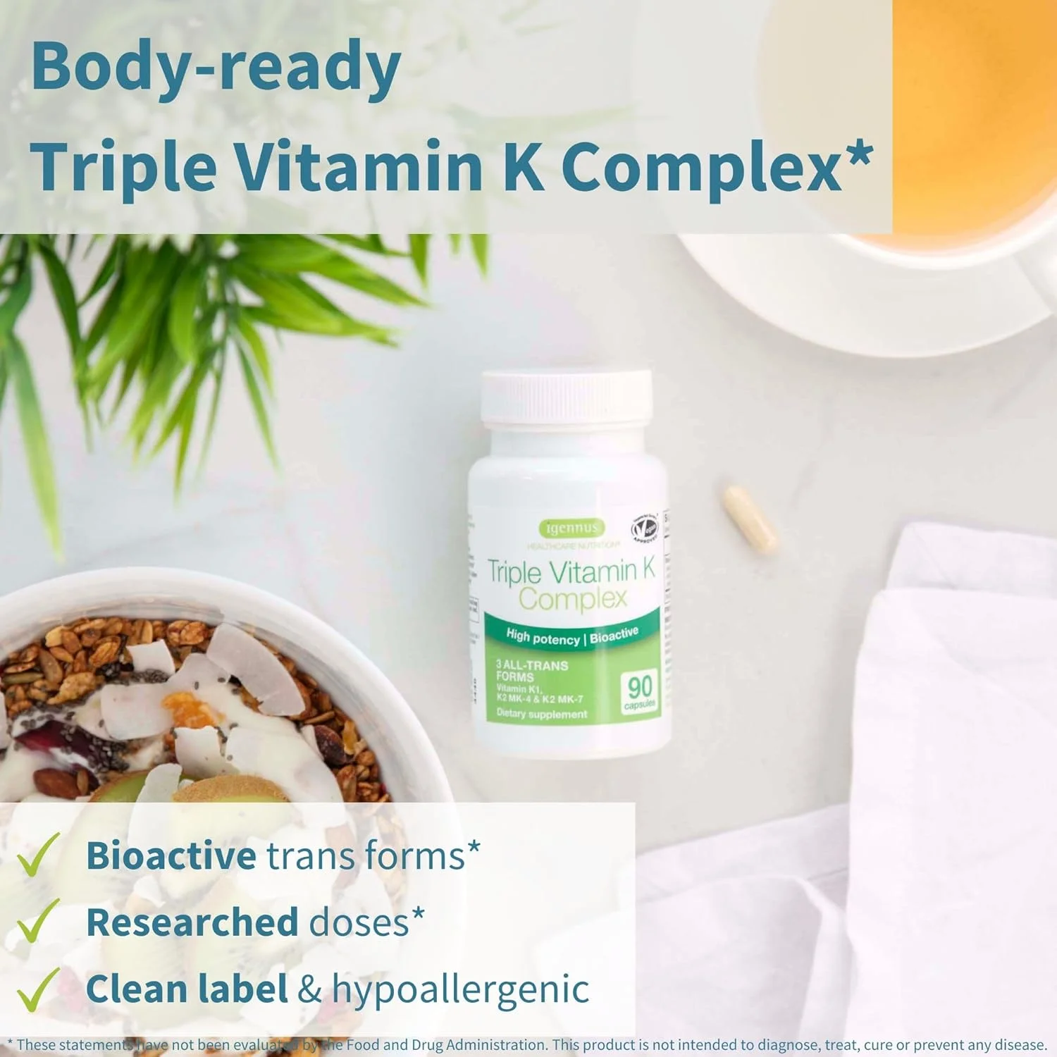 مجموعه ویتامین K سه گانه Igennus Healthcare Nutrition، ۹۰ کپسول، ۲۷۰۰ میکروگرم، K1 و K2 (MK-4، MK-7) با قدرت بالا، گیاهی، پشتیبانی از سلامت استخوان و قلب و عروق مجموعه ویتامین K سه گانه Igennus Healthcare Nutrition، ۹۰ کپسول، ۲۷۰۰ میکروگرم، K1 و K2 (MK-4، MK-7) با قدرت بالا، گیاهی، پشتیبانی از سلامت استخوان و قلب و عروق