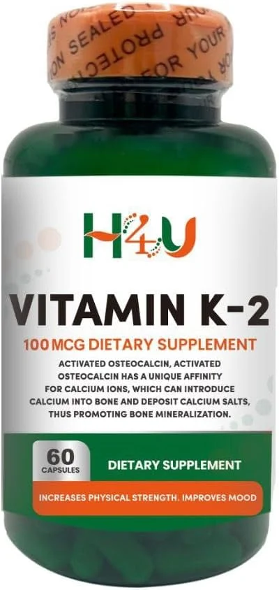 کپسول های گیاهی ویتامین K-2 (MK7) H4U، پشتیبانی از سلامت استخوان، 100 میکروگرم، 60 عدد