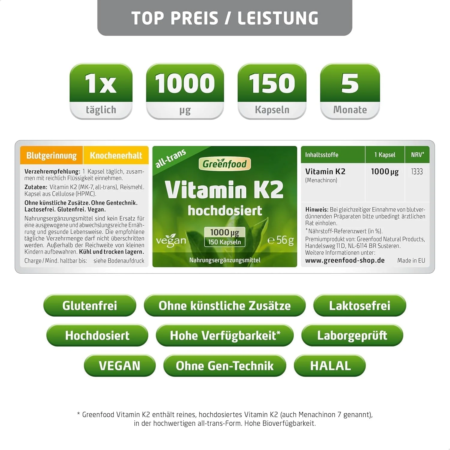 کپسول ویتامین K2 گرین فود، 150 عدد، 1000 میکروگرم MK7، وگان، برای سلامت استخوان و انعقاد خون کپسول ویتامین K2 گرین فود، 150 عدد، 1000 میکروگرم MK7، وگان، برای سلامت استخوان و انعقاد خون