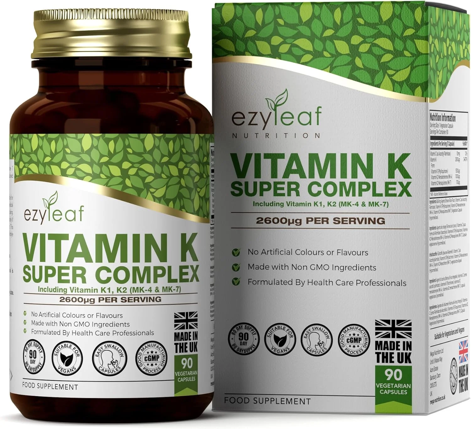 کمپلکس سوپر ویتامین K ایزی‌لیف | ویتامین K2 MK7 - ویتامین K2 MK4 - ویتامین K1 | 2600 میکروگرم در هر کپسول | 90 کپسول گیاهی MK-7 | بدون GMO و مواد آلرژی‌زا به همراه ویتامین C | ساخت انگلستان