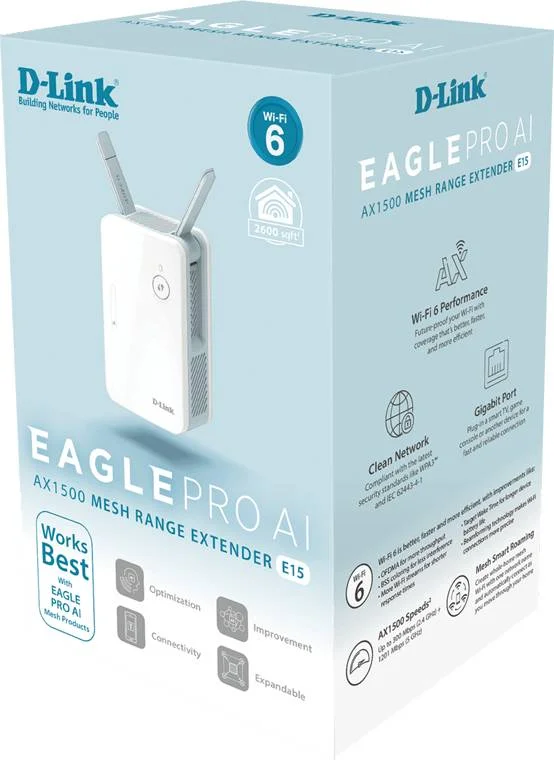 تقویت کننده محدوده مش دی-لینک Eagle Pro AI AX1500، دو بانده 2x2 Wi-Fi 6، پوشش تا 230 متر مربع، سرعت تا 1201 مگابیت بر ثانیه (5 گیگاهرتز) / 300 مگابیت بر ثانیه (2.4 گیگاهرتز)، دستیار هوش مصنوعی، سفید | E15 تقویت کننده محدوده مش دی-لینک Eagle Pro AI AX1500، دو بانده 2x2 Wi-Fi 6، پوشش تا 230 متر مربع، سرعت تا 1201 مگابیت بر ثانیه (5 گیگاهرتز) / 300 مگابیت بر ثانیه (2.4 گیگاهرتز)، دستیار هوش مصنوعی، سفید | E15