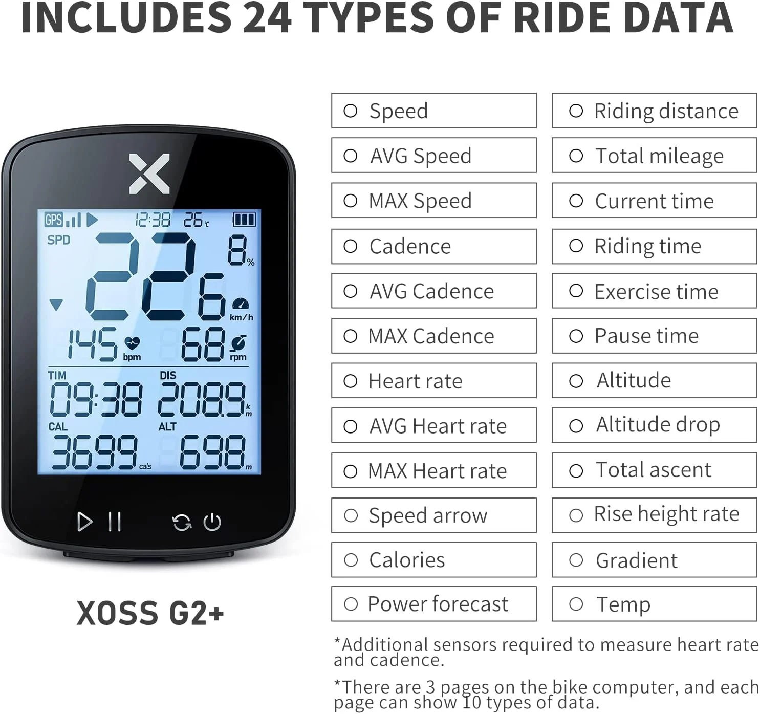 کامپیوتر دوچرخه سواری GPS مدل XOSS G+ Gen2 به همراه پایه، سرعت سنج بی سیم بلوتوثی 2.2 اینچی، کیلومتر شمار چند منظوره ANT+ با نور پس زمینه خودکار و ضد آب IPX7 (4 در 1)