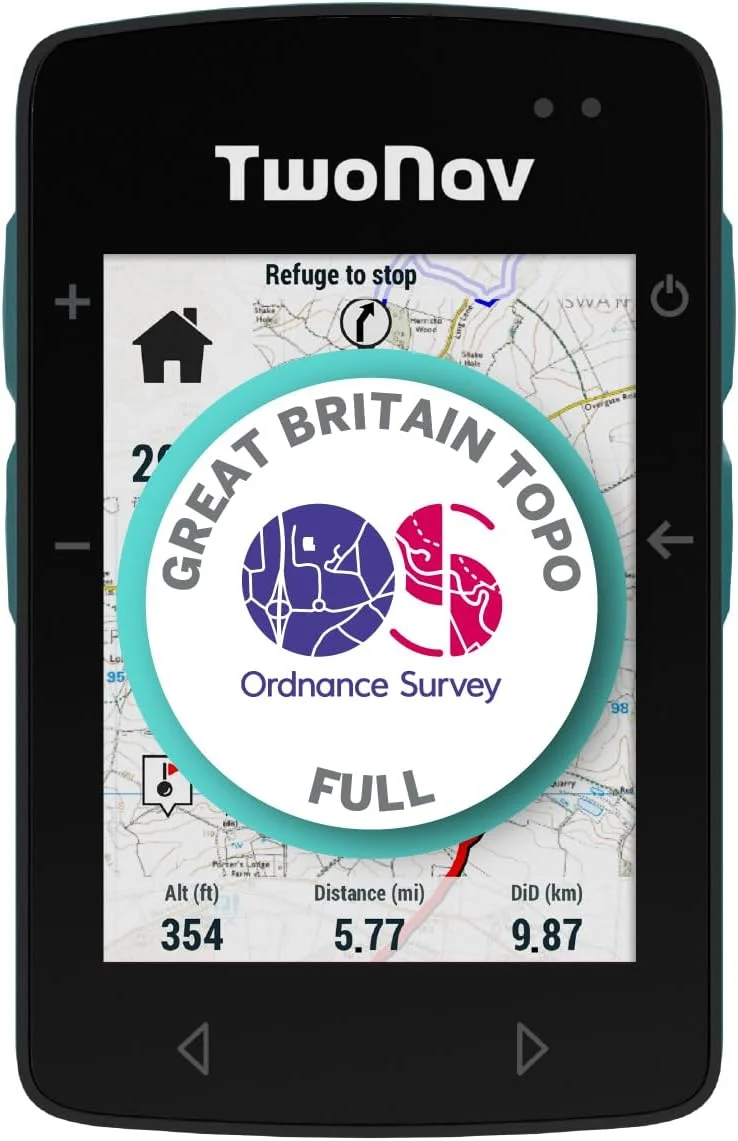 کامپیوتر دوچرخه جی پی اس TwoNav Roc + با نقشه کامل توپوگرافی بریتانیا، صفحه نمایش 2.7 اینچی برای دوچرخه کوهستان، دوچرخه سواری، شن‌ریزی یا سفرهای طولانی با دوچرخه، همراه با نقشه‌ها. رنگ فیروزه‌ای