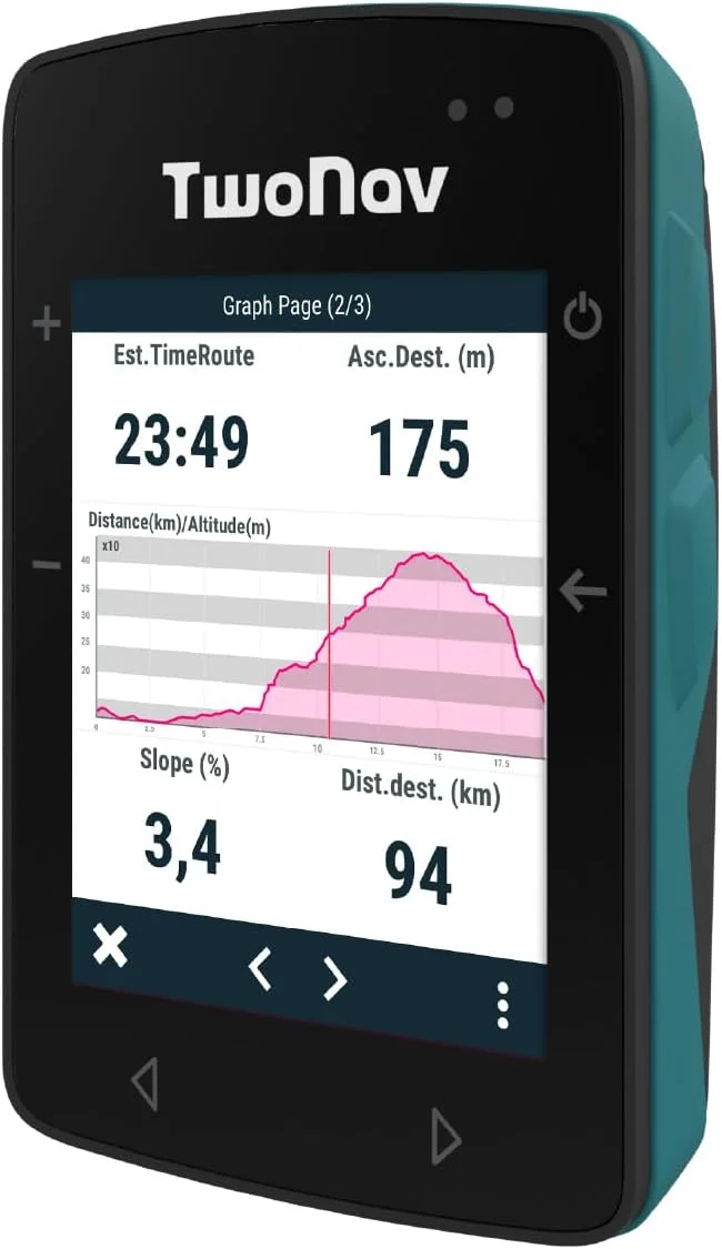 کامپیوتر دوچرخه جی پی اس TwoNav Roc + با نقشه کامل توپوگرافی بریتانیا، صفحه نمایش 2.7 اینچی برای دوچرخه کوهستان، دوچرخه سواری، شن‌ریزی یا سفرهای طولانی با دوچرخه، همراه با نقشه‌ها. رنگ فیروزه‌ای