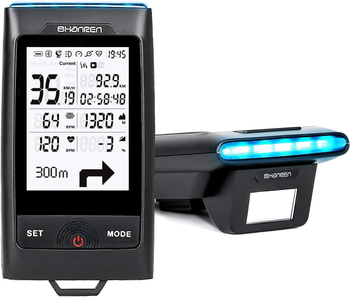 کامپیوتر دوچرخه SHANREN Di-Pro GPS با نور جلو، بلوتوث و ANT+ با عمر باتری 96 ساعته (Di-Pro مشکی)