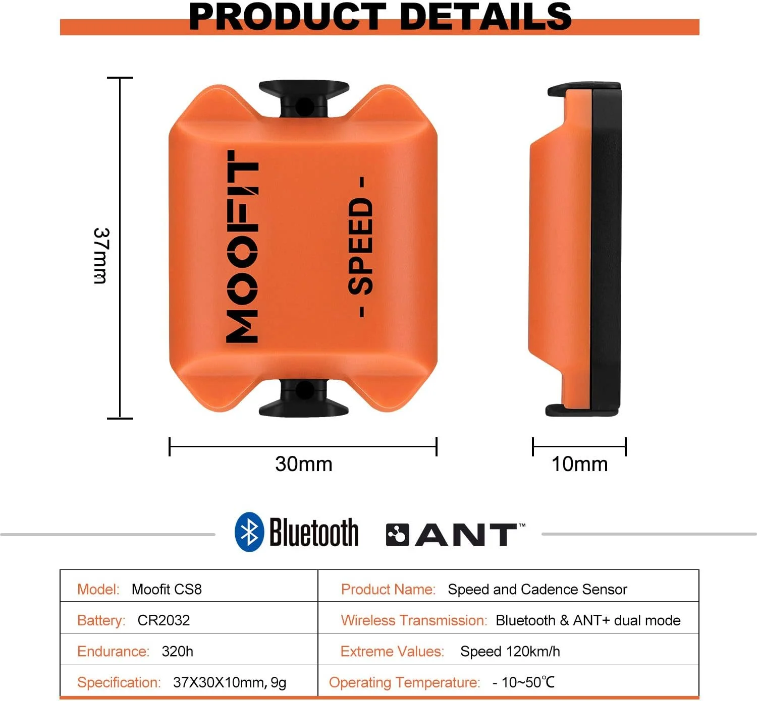 سنسور سرعت و دور موتور دوچرخه موفیت، بلوتوث و ANT+، سنسور دور موتور بی سیم RPM برای Wahoo/Zwift/Coosporide/Rouvy/Peloton، ضد آب IP67، نارنجی