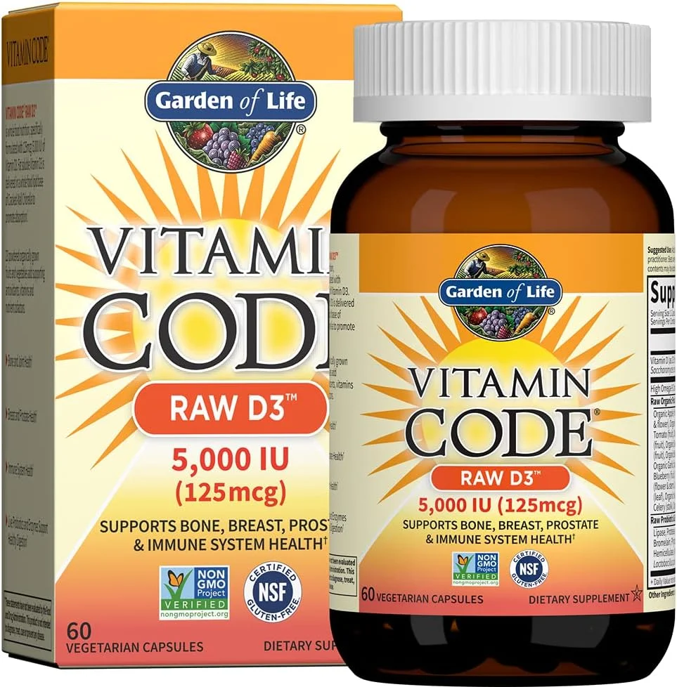ویتامین D Garden of Life، Vitamin Code Raw D3، ویتامین D 5000 IU، مکمل های غذایی کامل ویتامین D با کلرلا، میوه ها، سبزیجات و پروبیوتیک ها برای سلامت استخوان و سیستم ایمنی، 60 کپسول گیاهی