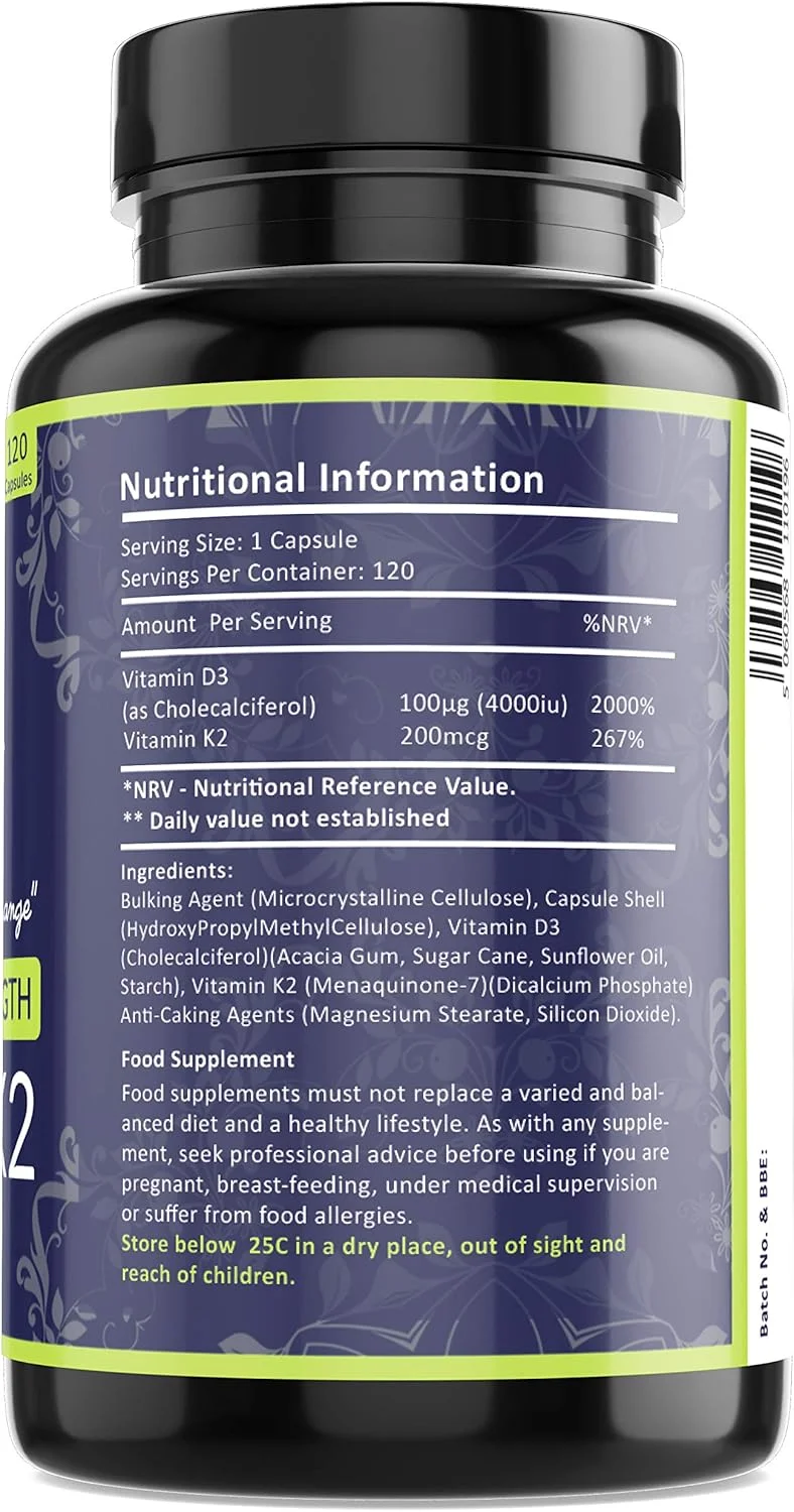 مکمل ویتامین D3 با دوز 4000 واحد بین المللی و ویتامین K2 با دوز 200 میکروگرم MK7 - مکمل با قدرت بالا - 120 کپسول برای 4 ماه - کوله کلسیفرول - K2 مناکینون-7 - ساخت انگلستان مکمل ویتامین D3 با دوز 4000 واحد بین المللی و ویتامین K2 با دوز 200 میکروگرم MK7 - مکمل با قدرت بالا - 120 کپسول برای 4 ماه - کوله کلسیفرول - K2 مناکینون-7 - ساخت انگلستان