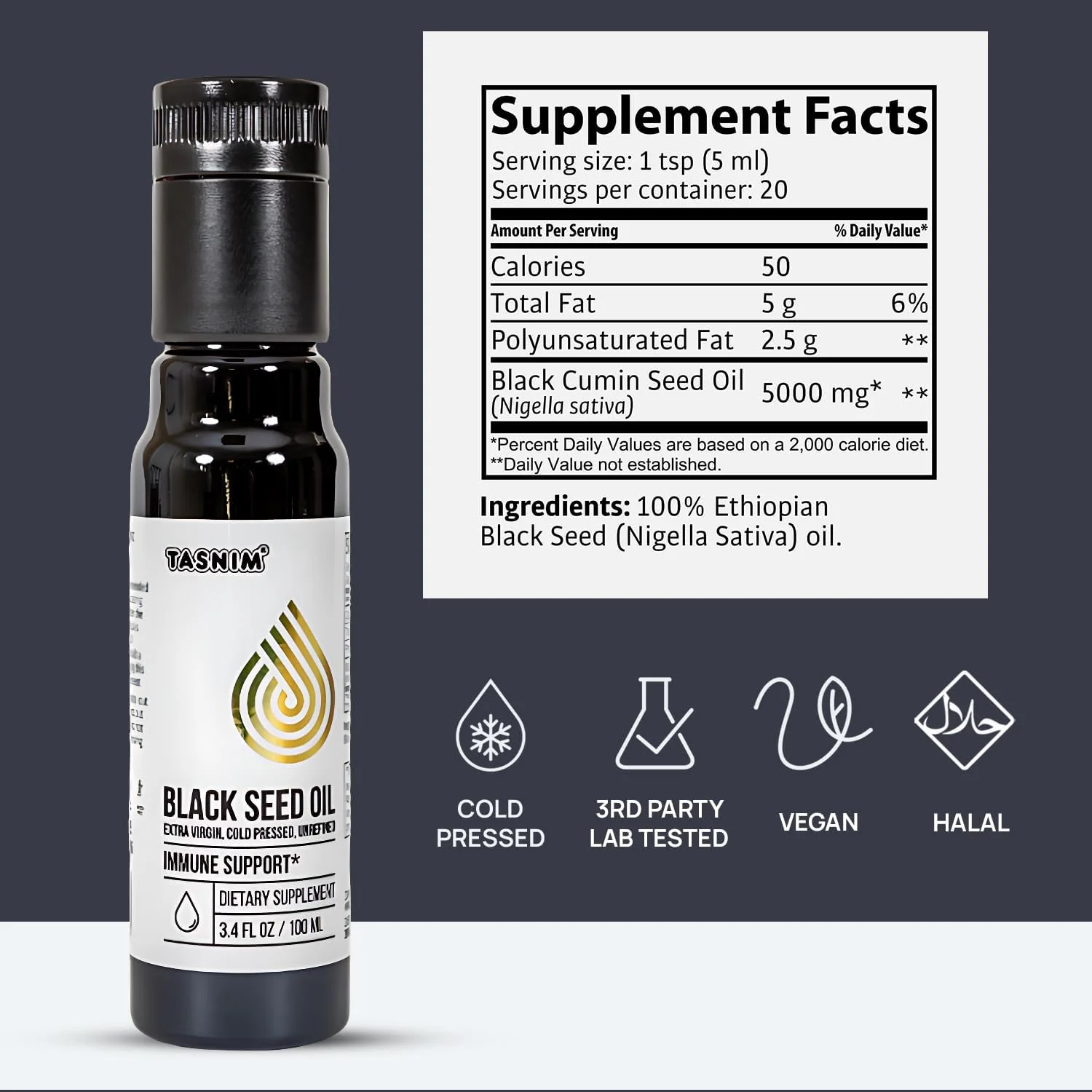 روغن دانه سیاه اتیوپیایی تسنیم 100 میلی لیتر | روغن زیره سیاه پرس سرد و تصفیه نشده برای حمایت از سیستم ایمنی، مو، پوست و سلامت کلی | تیموکینون با قدرت بالا 5.7٪ تا 21٪ | بدون گلوتن