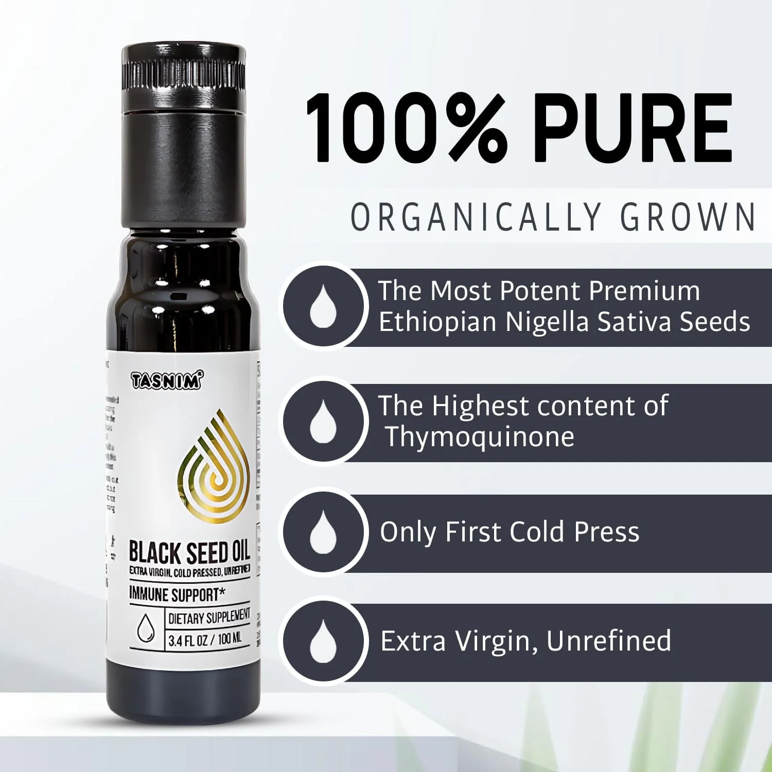 روغن دانه سیاه اتیوپیایی تسنیم 100 میلی لیتر | روغن زیره سیاه پرس سرد و تصفیه نشده برای حمایت از سیستم ایمنی، مو، پوست و سلامت کلی | تیموکینون با قدرت بالا 5.7٪ تا 21٪ | بدون گلوتن