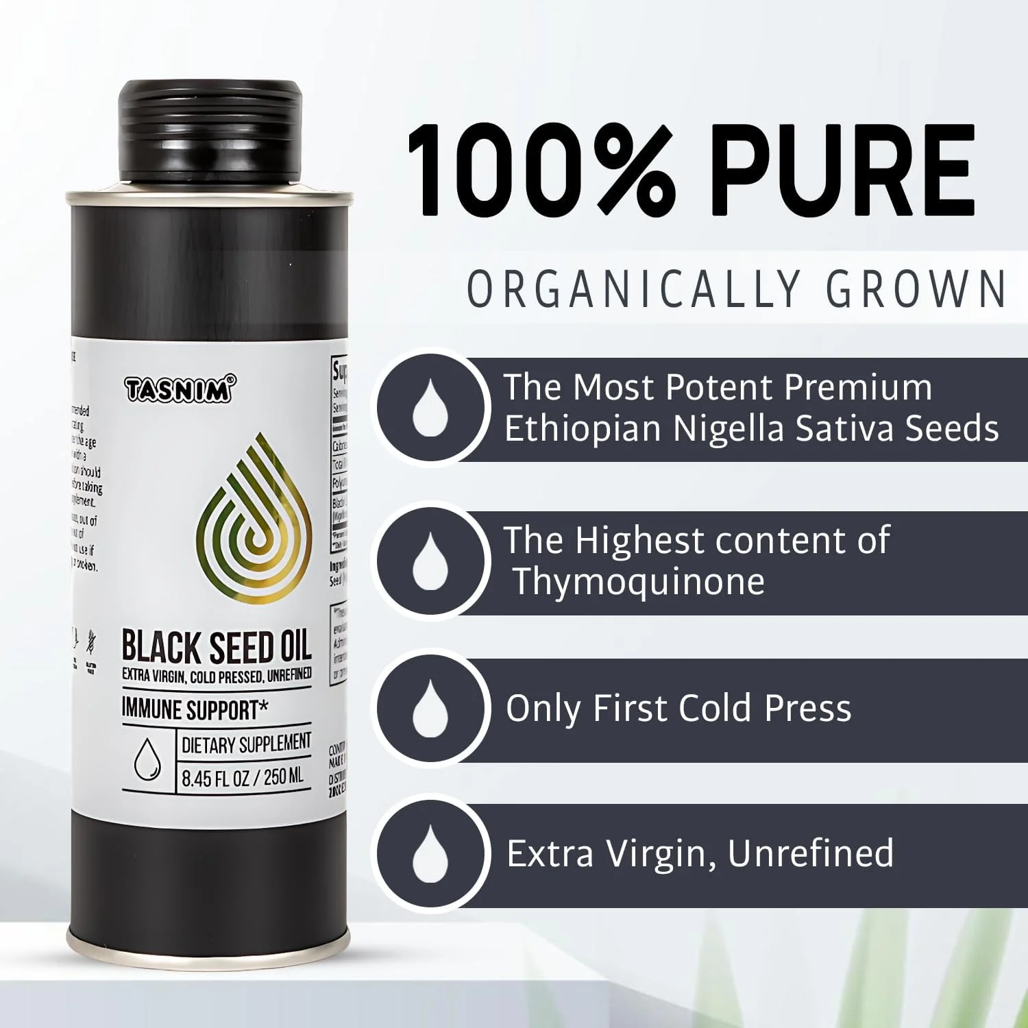 روغن دانه سیاه حبشی تسنیم 250 میلی لیتر | روغن زیره سیاه پرس سرد و تصفیه نشده برای حمایت از سیستم ایمنی، مو، پوست و سلامت کلی | تیموکینون با قدرت بالا 5.7% تا 21% | بدون گلوتن