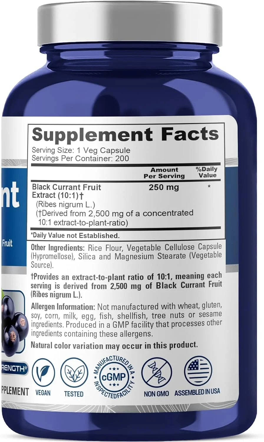 کپسول عصاره انگور فرنگی سیاه نوساپیور، معادل 2500 میلی گرم در هر کپسول، 200 کپسول گیاهی (پودر، عصاره 10:1، وگان، غیر GMO و بدون گلوتن)