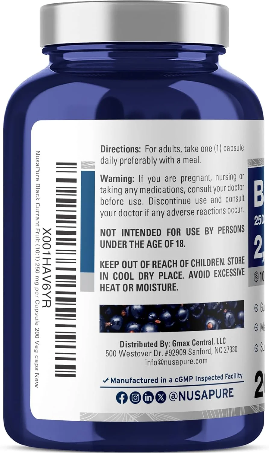 کپسول عصاره انگور فرنگی سیاه نوساپیور، معادل 2500 میلی گرم در هر کپسول، 200 کپسول گیاهی (پودر، عصاره 10:1، وگان، غیر GMO و بدون گلوتن)