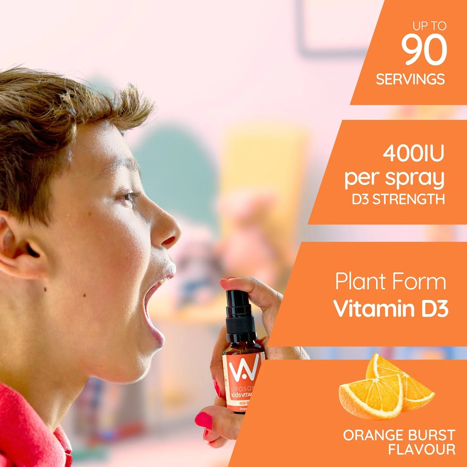 اسپری ویتامین D3 لیپوزومی کودکان 400 واحد بین المللی - فراهمی زیستی بالا، جذب سریع ویتامین D گیاهی به عنوان کوله کلسیفرول برای کودکان | حمایت از ایمنی، استخوان و دندان | طعم انفجار پرتقال (90 اسپری)