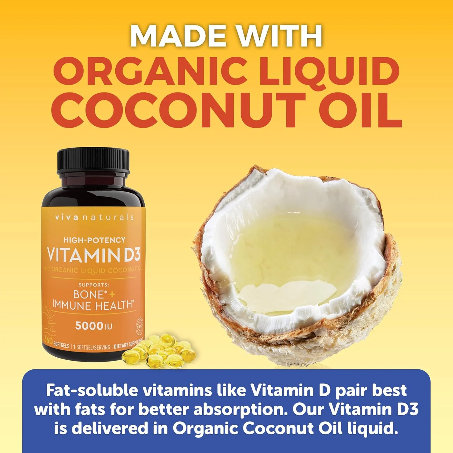 ویوا نچرالز ویتامین D با قدرت بالا تهیه شده با روغن نارگیل ارگانیک D3 5000 IU، 360 سافت ژل