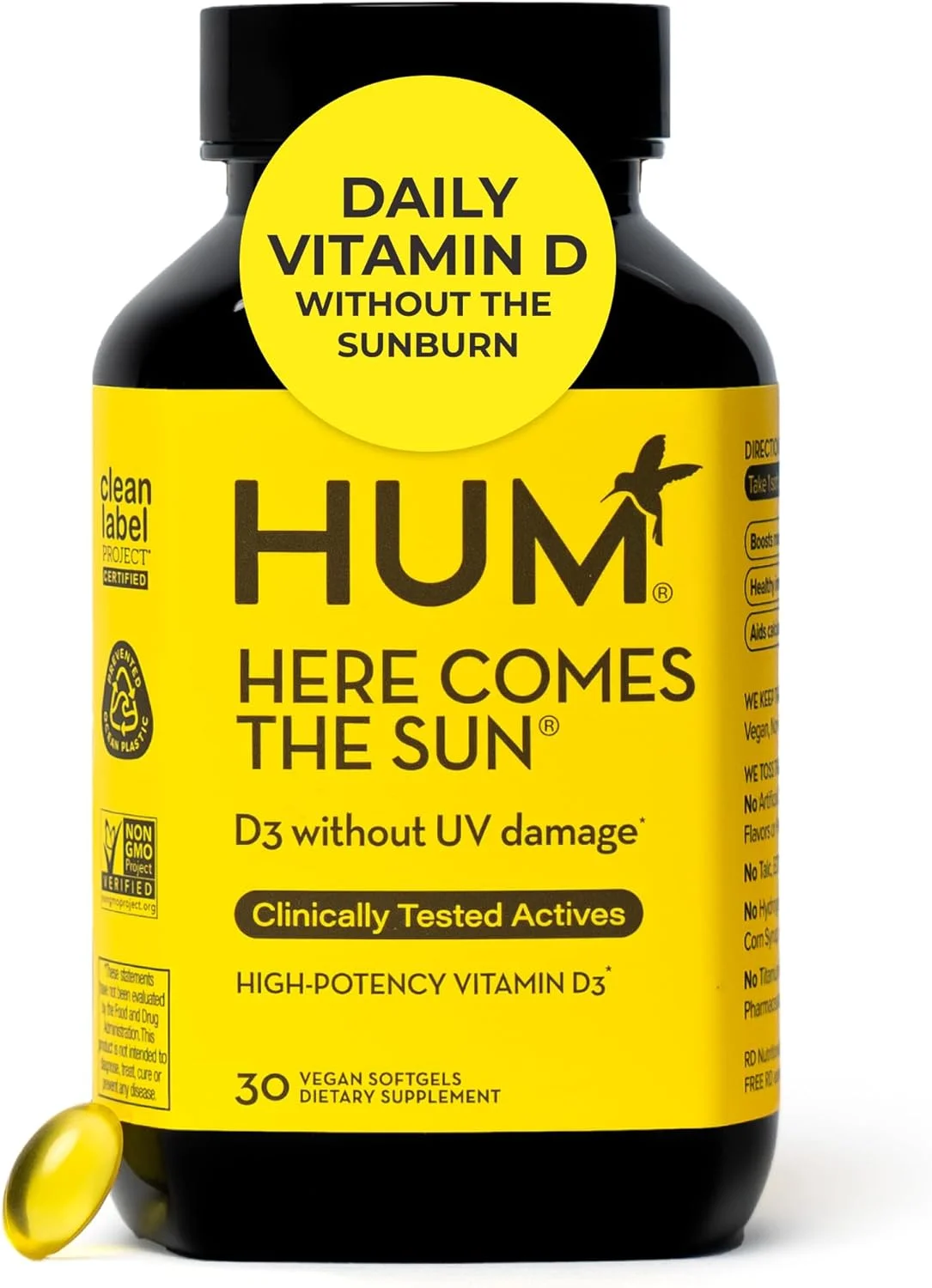 مکمل تقویت سیستم ایمنی بدن HUM Here Comes The Sun - 2000 واحد بین المللی ویتامین D3 برای حمایت از پوست درخشان، خلق و خو، سلامت استخوان و ایمنی - فرمول گیاهی بسیار قوی (30 سافت ژل)