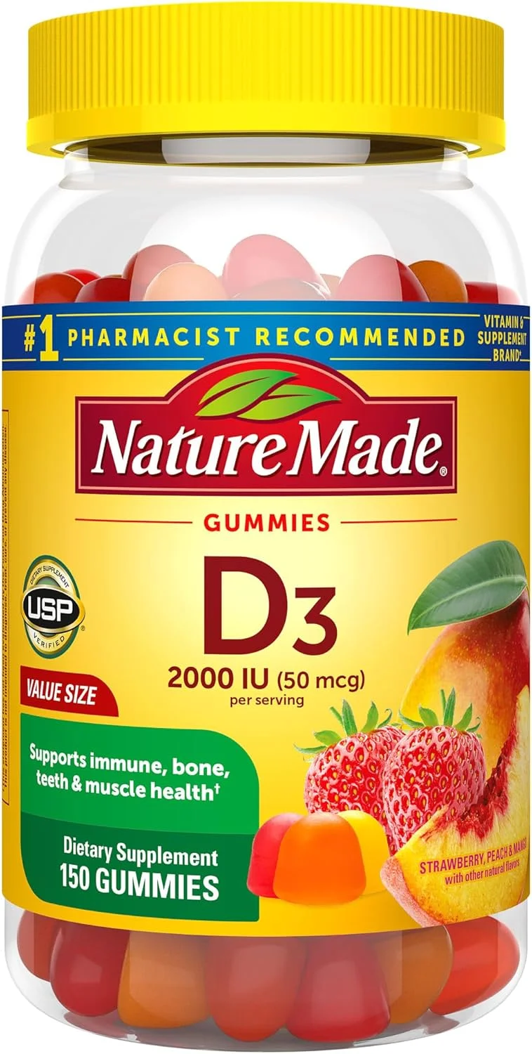 پاستیل ویتامین D3 بزرگسالان نیچرمید با طعم های توت فرنگی، هلو و انبه - 150 عدد پاستیل ویتامین D3 بزرگسالان نیچرمید با طعم های توت فرنگی، هلو و انبه - 150 عدد