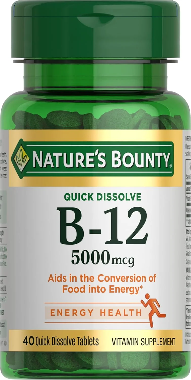 مکمل ویتامین B12 Nature's Bounty، پشتیبانی از متابولیسم و سلامت سیستم عصبی، 5000 میکروگرم، 40 قرص