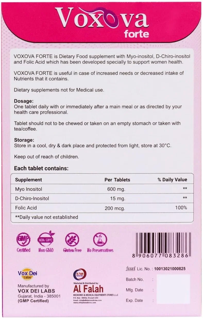 قرص VOXOVA FORTE – میو-اینوزیتول، دی-کایرو اینوزیتول و اسید فولیک برای پشتیبانی هورمونی و متابولیک – 30 قرص