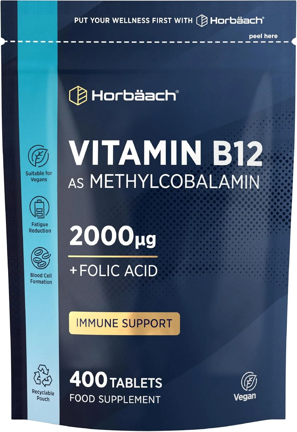 قرص های ویتامین B12 با دوز بالا 2000 میکروگرم به همراه اسید فولیک | 400 عدد | ویتامین B12 به شکل متیل کوبالامین | مکمل گیاهی | توسط Horbaach قرص های ویتامین B12 با دوز بالا 2000 میکروگرم به همراه اسید فولیک | 400 عدد | ویتامین B12 به شکل متیل کوبالامین | مکمل گیاهی | توسط Horbaach