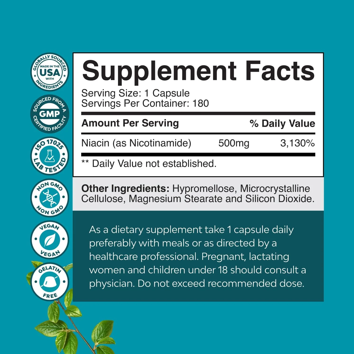 کپسول ویتامین ب3 نیکوتینامید 500 میلی گرم - انرژی میتوکندری و مکمل ضد پیری پوست - همچنین با نام ویتامین ب3 نیاسین 500 میلی گرم بدون گرگرفتگی و نیکوتینامید 500 میلی گرم شناخته می شود - مکمل نیاسین بدون گرگرفتگی - 180 عدد