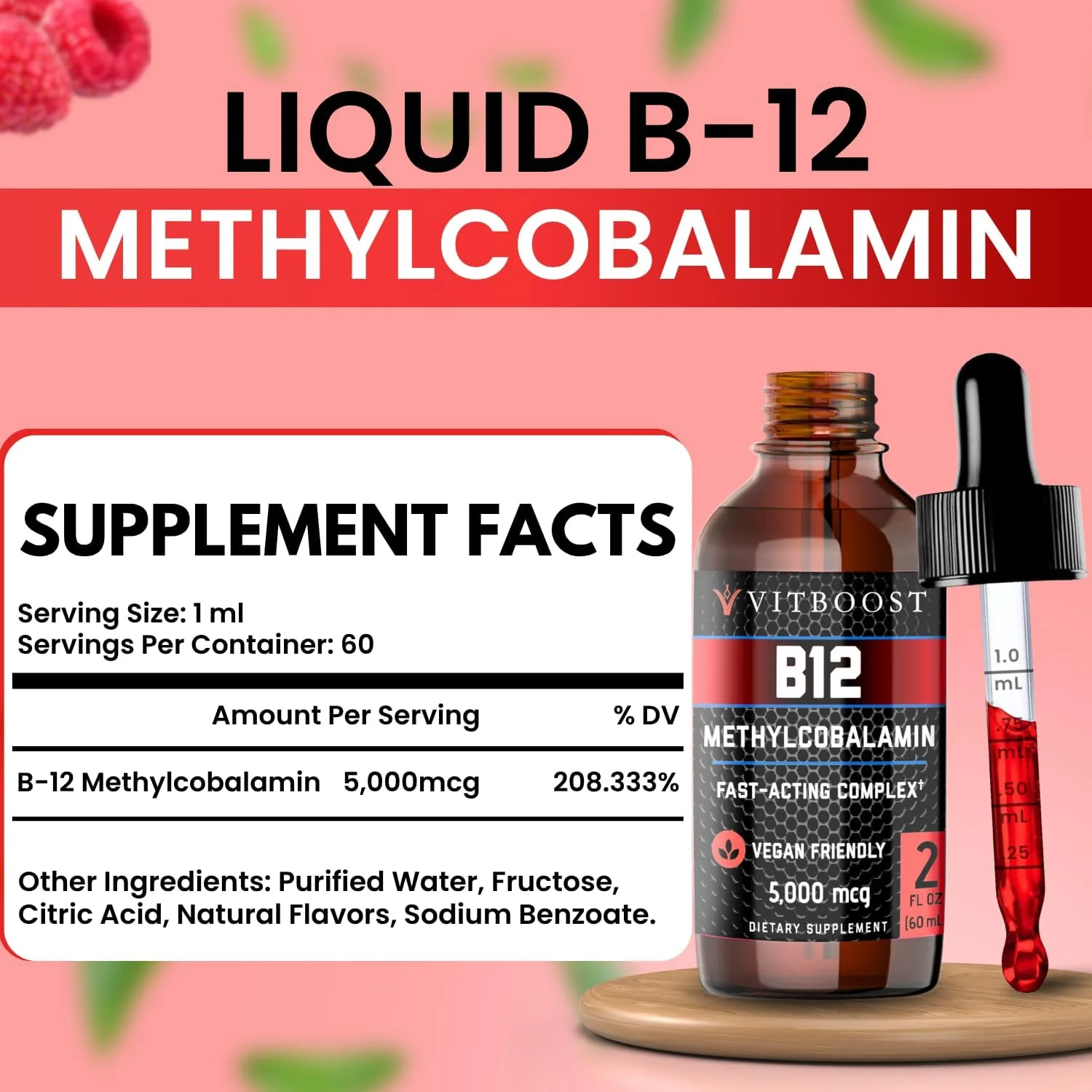 قطره های مایع ویتامین ب-۱۲ وگان – ۶۰ عدد ۵۰۰۰ میکروگرم با طعم تمشک، مکمل زیر زبانی متیل کوبالامین مایع ویتامین ب۱۲ با قدرت فوق العاده | طراحی شده برای به حداکثر رساندن جذب و انرژی | بدون گلوتن