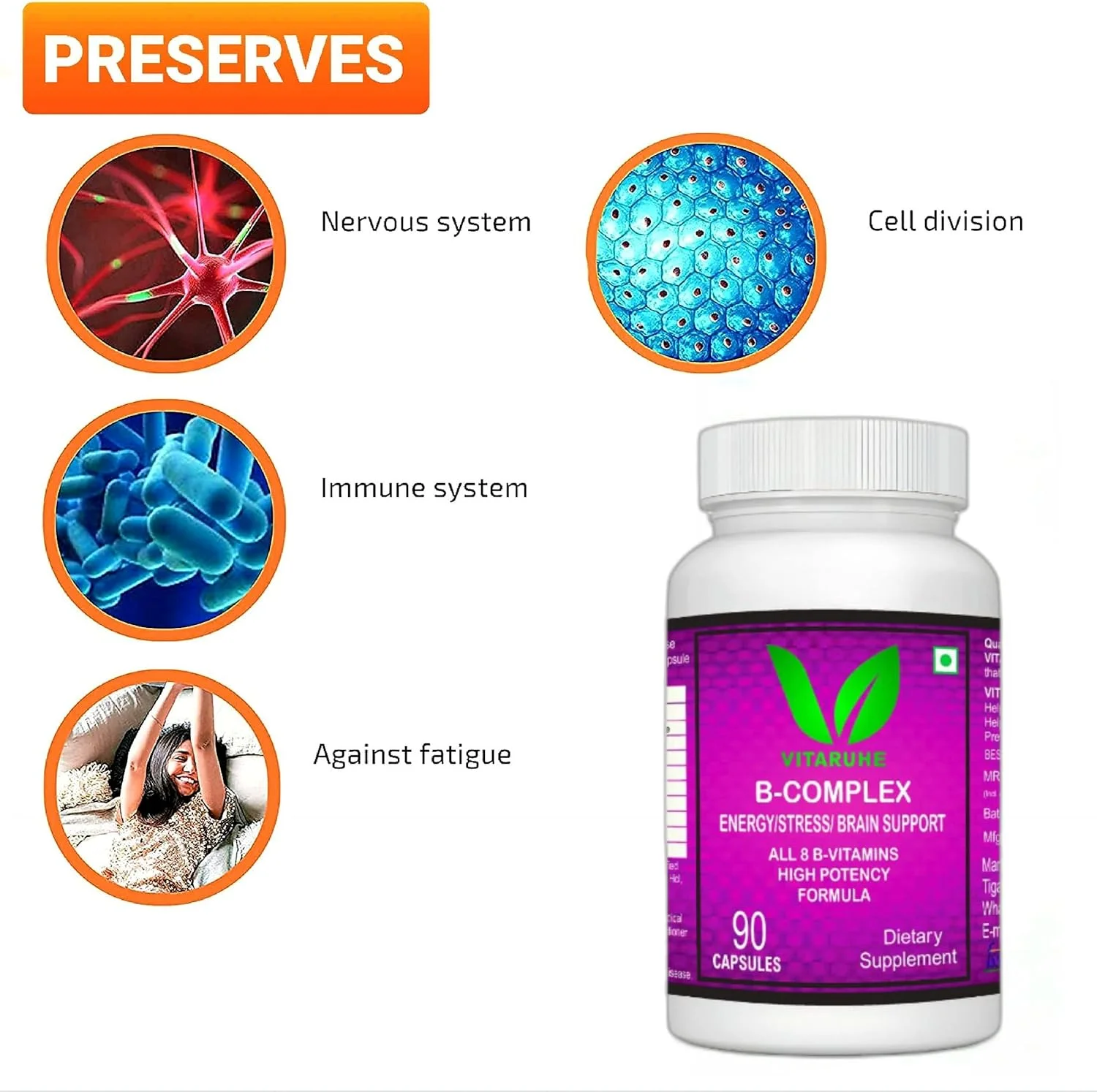ویتامین ب-کمپلکس با قدرت بالا VITARUHE® B1، B2، B3، B5، B6، B7، B9، B12 وگان، 90 کپسول، تامین 3 ماه