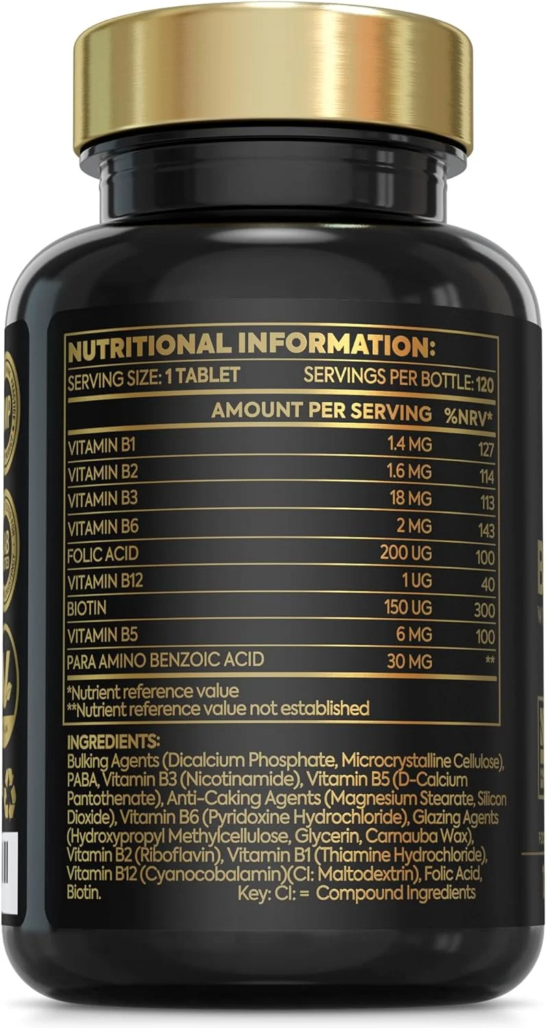 کمپلکس ویتامین B فوق العاده قوی | 120 قرص گیاهی، تامین 4 ماهه | تمام ویتامین های B - ویتامین B12، اسید فولیک (B9)، بیوتین (B7)، B6، B5، B3، B2، B1 | مکمل کمپلکس ویتامین B | ساخت انگلستان