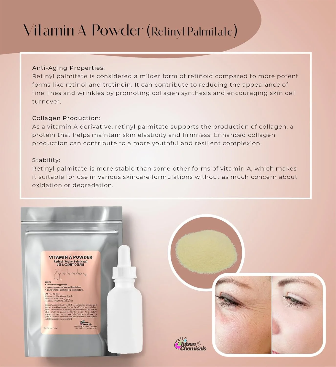 پودر ویتامین آ رتینیل پالمیتات، پودر خالص رتینول، ویتامین آ محلول در آب، گرید USP و آرایشی (28 گرم)