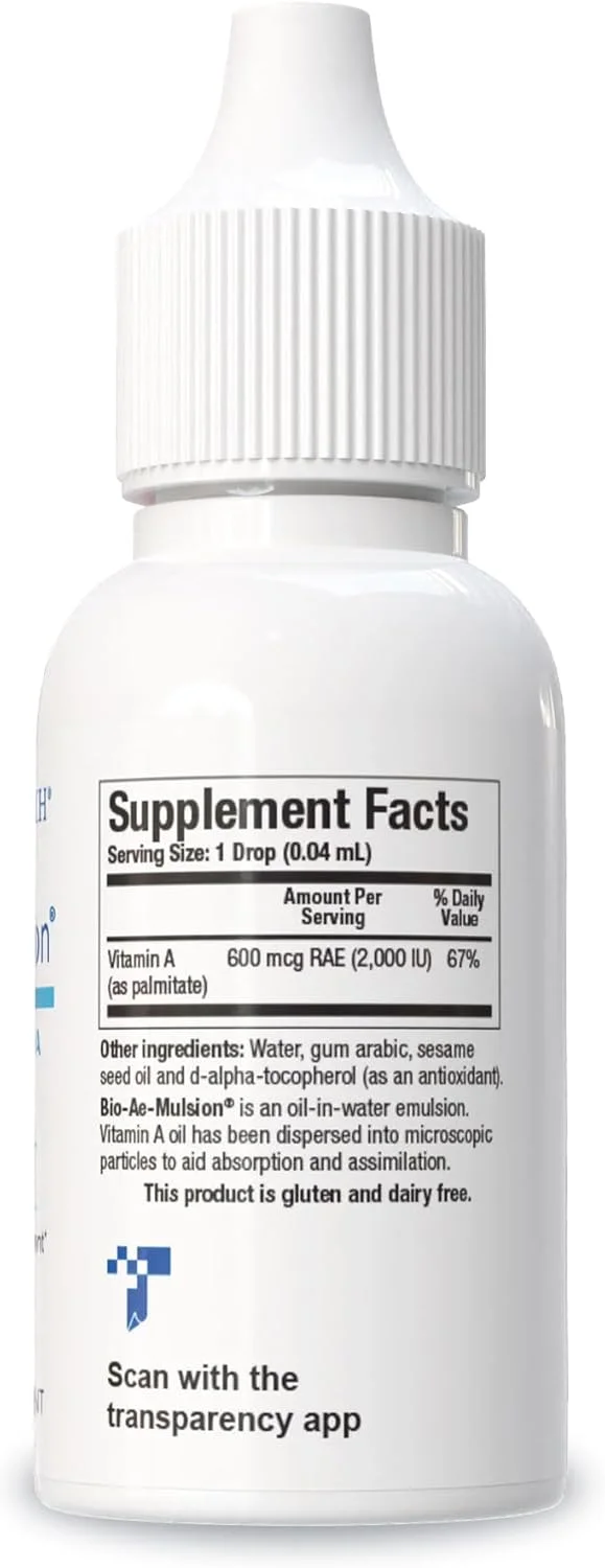 بایوتیکس ریسرچ Bio Ae Mulsion IU، ویتامین A امولسیون شده برای جذب و استفاده بیشتر، فرم غلیظ، تقویت کننده پاسخ ایمنی، کمک به حدت بینایی، پشتیبانی از قلب و عروق، 1 اونس مایع