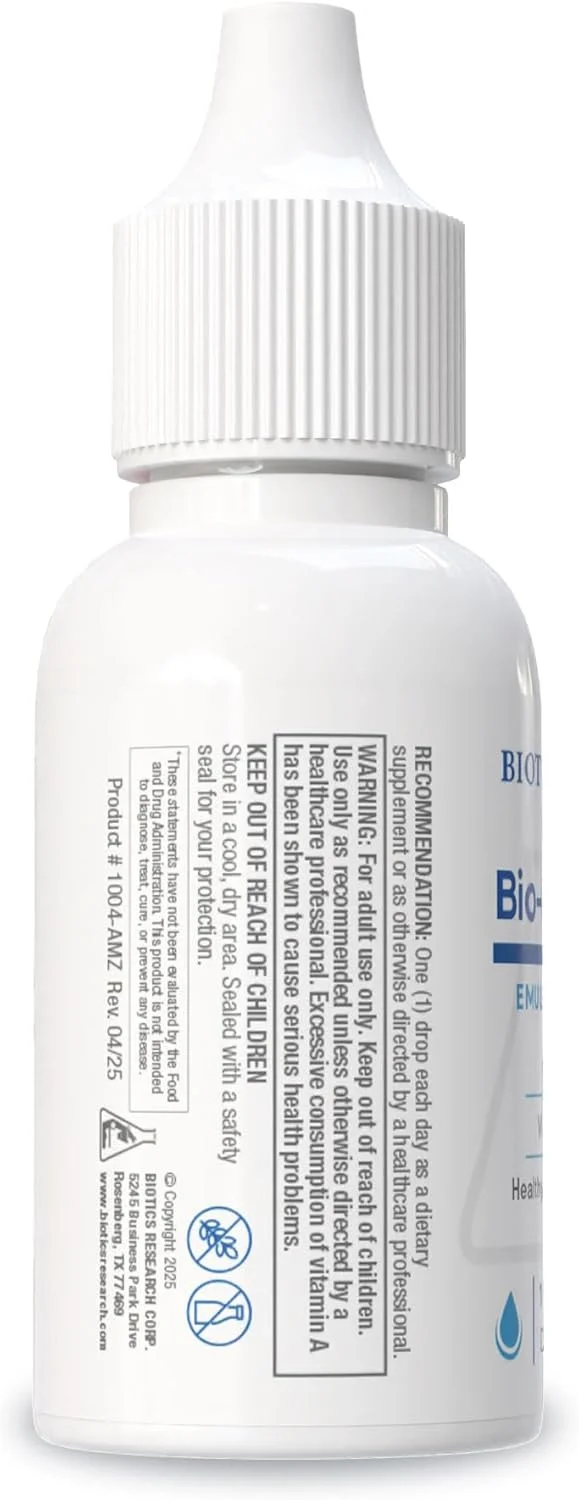 بایوتیکس ریسرچ Bio Ae Mulsion IU، ویتامین A امولسیون شده برای جذب و استفاده بیشتر، فرم غلیظ، تقویت کننده پاسخ ایمنی، کمک به حدت بینایی، پشتیبانی از قلب و عروق، 1 اونس مایع