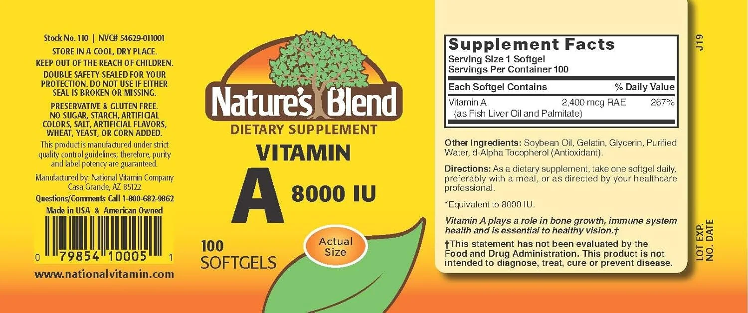 ویتامین آ Nature's Blend 8000 واحد بین المللی 100 سافت ژل