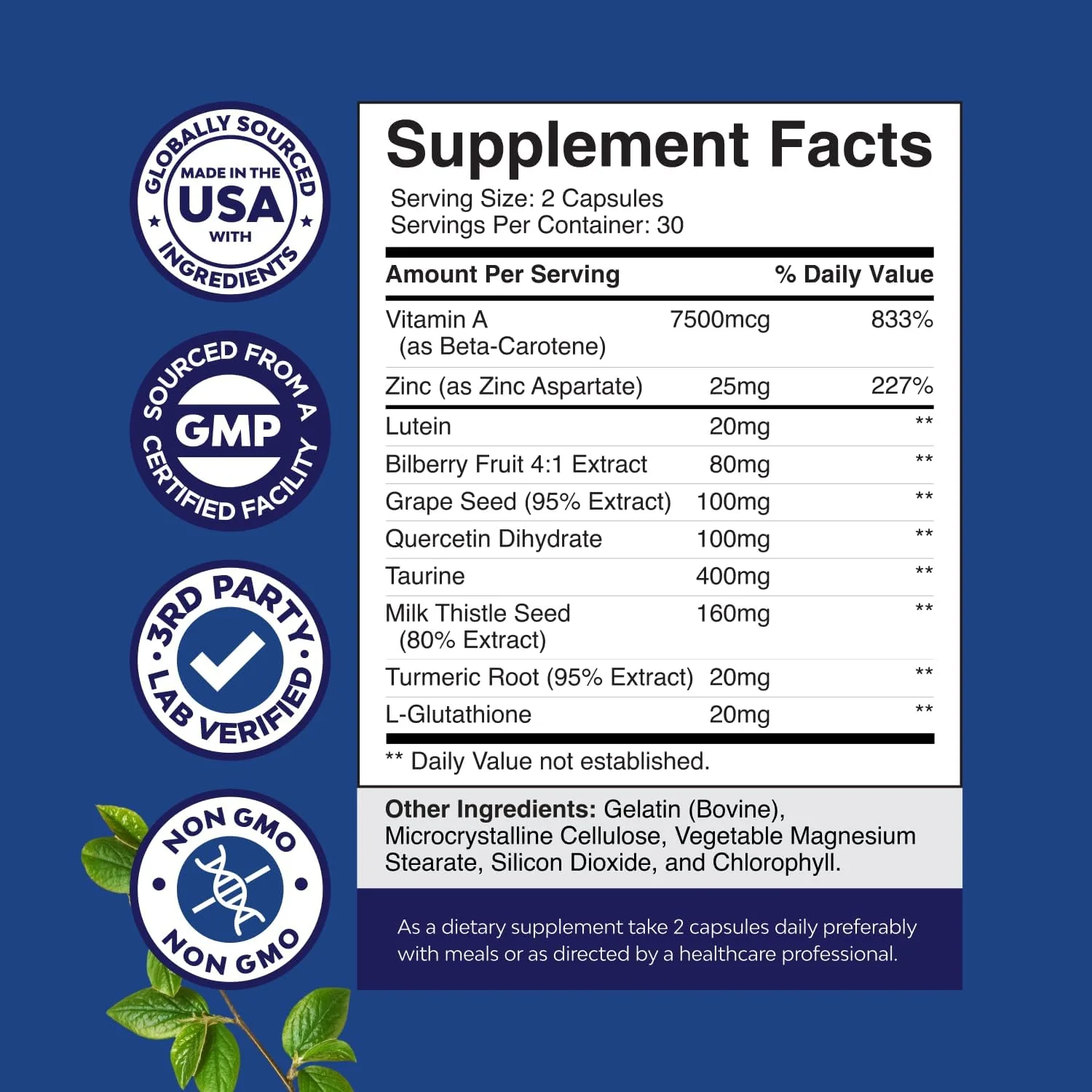 مکمل لوتئین خالص تقویت کننده چشم نیچرز کرافت با ویتامین آ، بهترین عملکرد بینایی طبیعی برای زنان و مردان، جلوگیری از تخریب ماکولا، ویتامین ها، فرمول ترمیم بینایی ضد پیری و کاهش