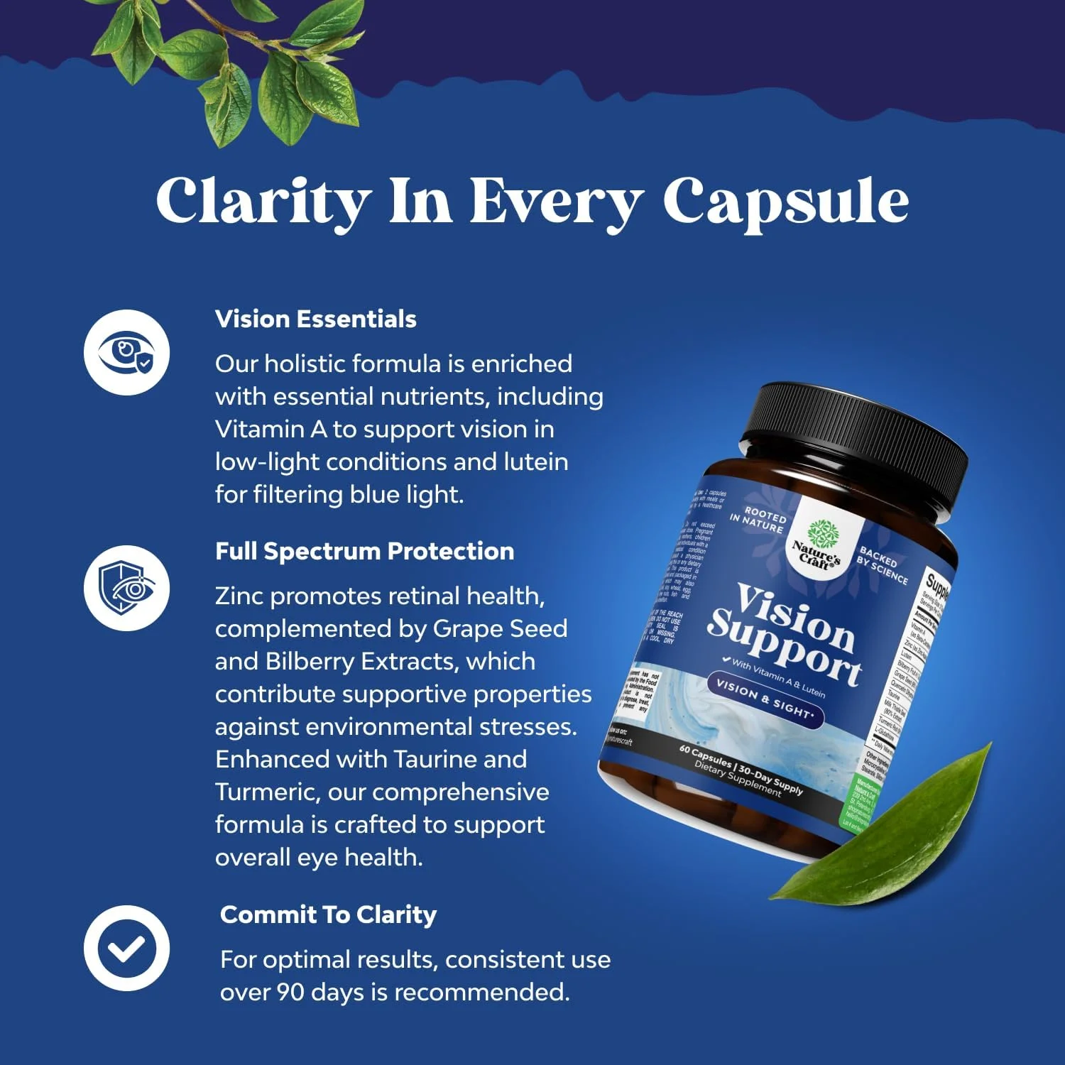 مکمل لوتئین خالص تقویت کننده چشم نیچرز کرافت با ویتامین آ، بهترین عملکرد بینایی طبیعی برای زنان و مردان، جلوگیری از تخریب ماکولا، ویتامین ها، فرمول ترمیم بینایی ضد پیری و کاهش