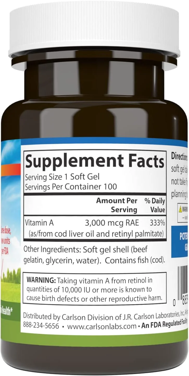 کارلسون - ویتامین آ، 10000 واحد بین المللی (3000 میکروگرم RAE)، پشتیبانی از سیستم ایمنی، سلامت بینایی، آنتی اکسیدان، 100 سافت ژل