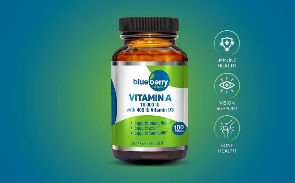 کپسول های نرم ویتامین آ بلوبری نچرالز 10000 واحد بین المللی - 100 عددی | پشتیبانی از سلامت بینایی، پوست و سیستم ایمنی