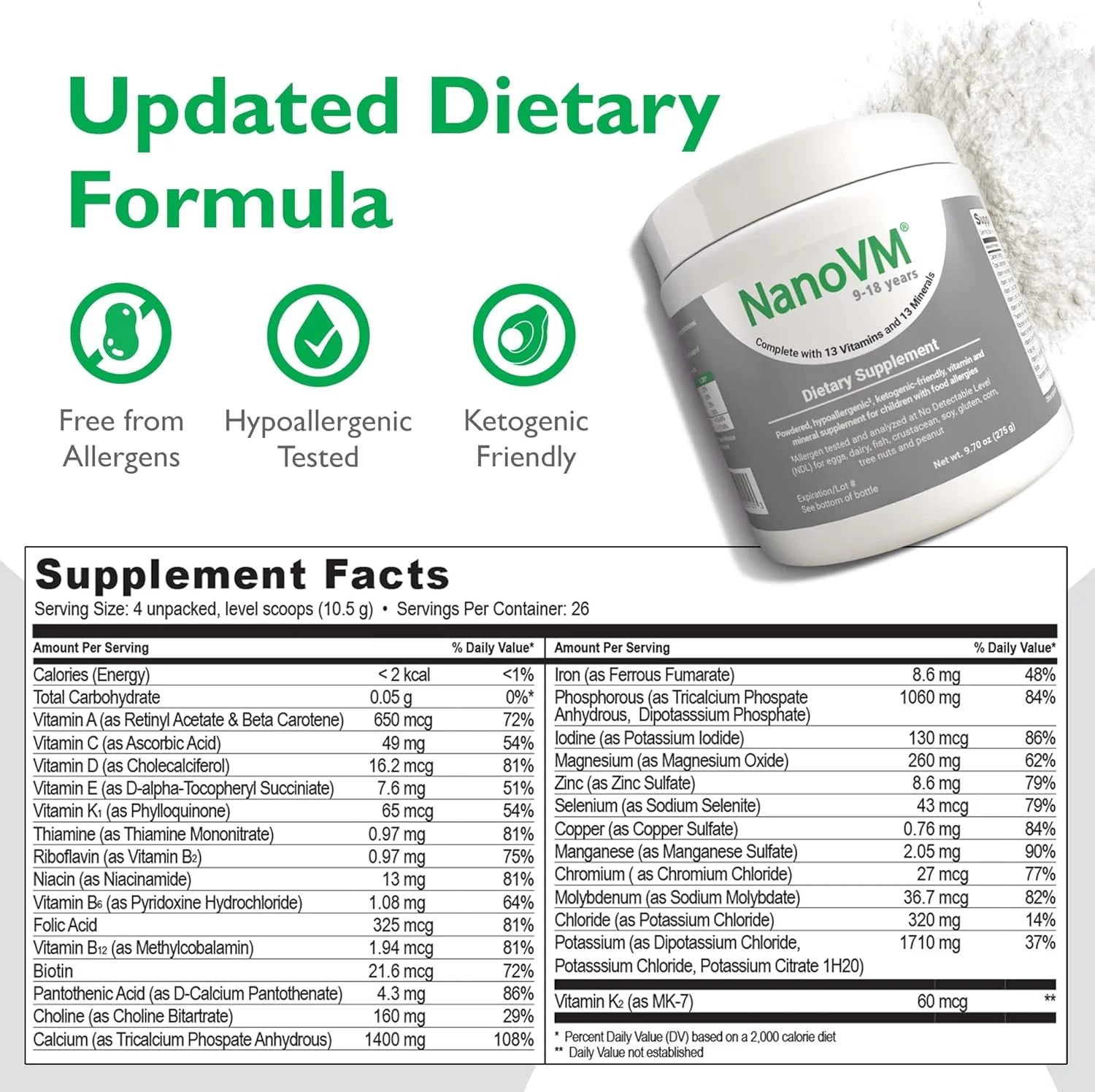 مولتی ویتامین کودکان 9 تا 18 سال، پودر بدون طعم و فاقد مواد آلرژی زا، پودر مولتی ویتامین با 13 ویتامین و 13 ماده معدنی، مکمل های ویتامین کم کربوهیدرات، 275 گرم - Solace Nutrition