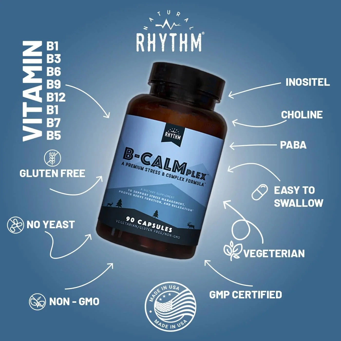 کمپلکس ویتامین B برای کاهش استرس - Natural Rhythm B-CALMplex - حاوی ویتامین های گروه B برای حمایت از کاهش استرس و اضطراب - 90 کپسول کمپلکس ویتامین B برای کاهش استرس - Natural Rhythm B-CALMplex - حاوی ویتامین های گروه B برای حمایت از کاهش استرس و اضطراب - 90 کپسول