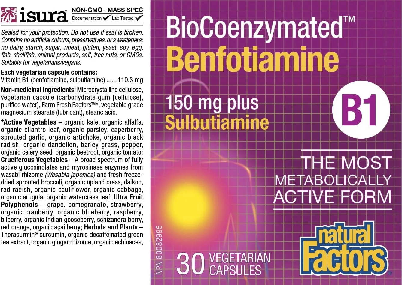 نچرال فاکتورز بنفوتیامین ویتامین ب۱ با فرمول کوآنزیمی، ۳۰ کپسول گیاهی