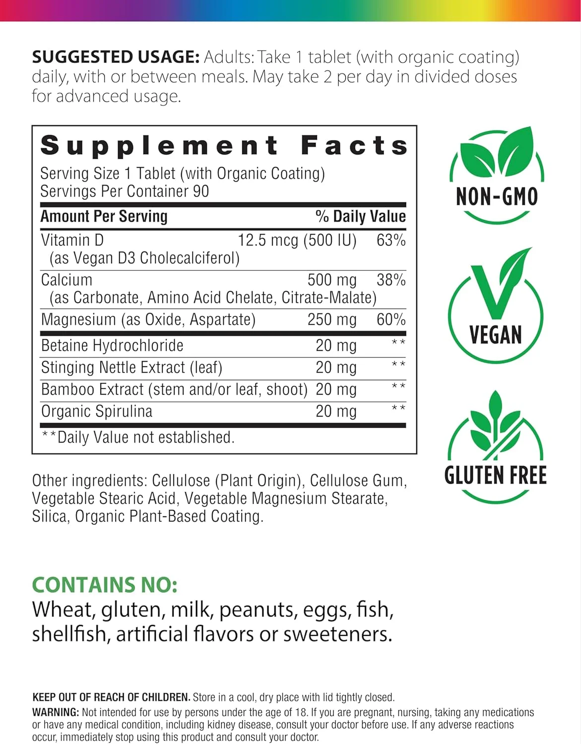 مکمل مولتی ویتامین کلسیم مبتنی بر غذا رینبو لایت - کلسیم، منیزیم و ویتامین D. پشتیبانی از تراکم استخوان، آرامش عضلات و جذب کلسیم. 90 قرص ویتامین D3 500 IU مکمل مولتی ویتامین کلسیم مبتنی بر غذا رینبو لایت - کلسیم، منیزیم و ویتامین D. پشتیبانی از تراکم استخوان، آرامش عضلات و جذب کلسیم. 90 قرص ویتامین D3 500 IU